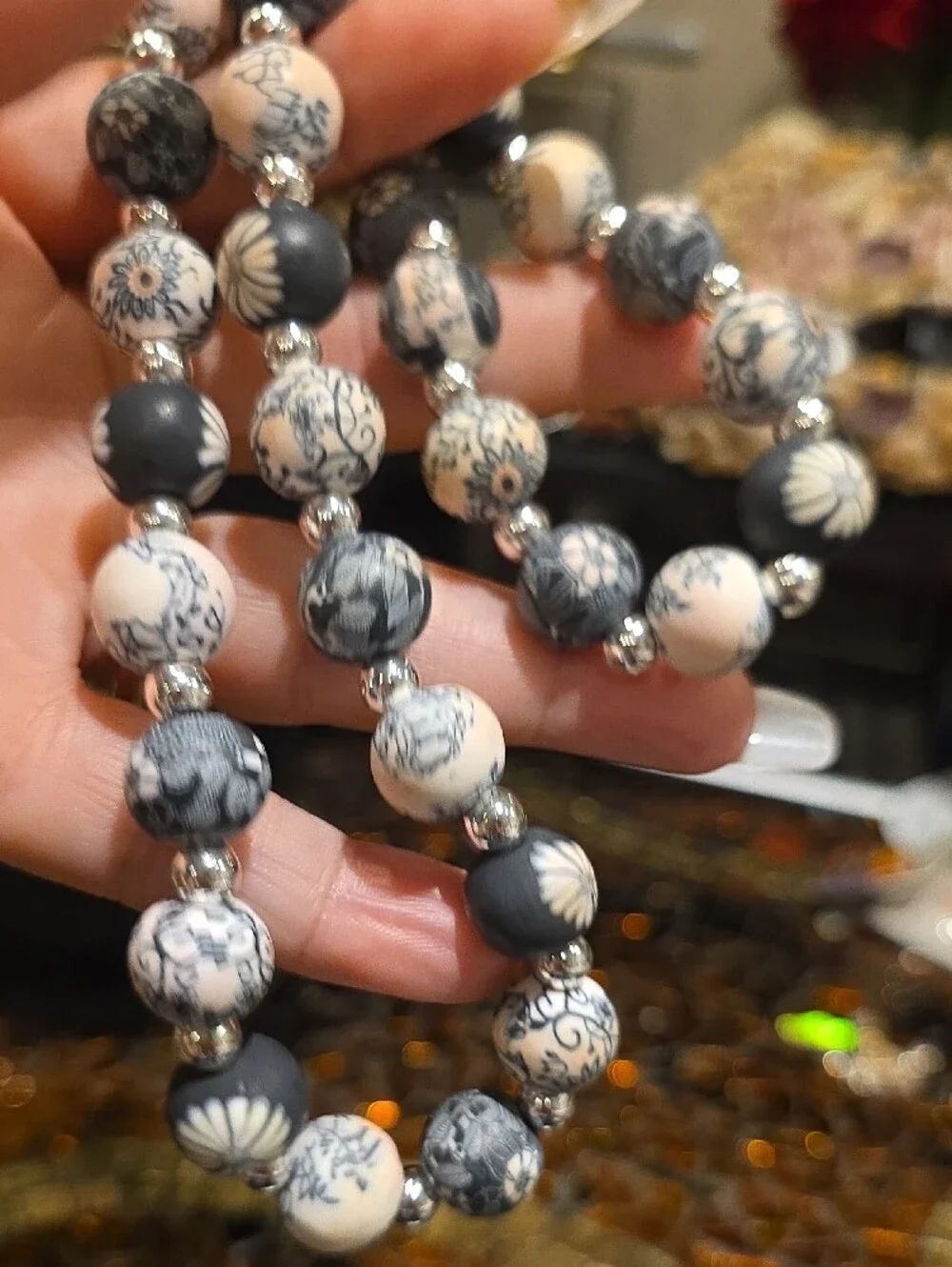Vintage Blue and White Floral Bead Necklace - Women Jewelry
